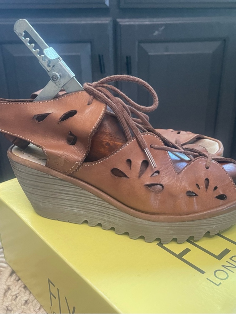 Fly London Tan Brown Leather Lace-Up Wedge Sandals